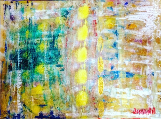 Abstract painting in blue, teal, yellow and white with repeated yellow marks.