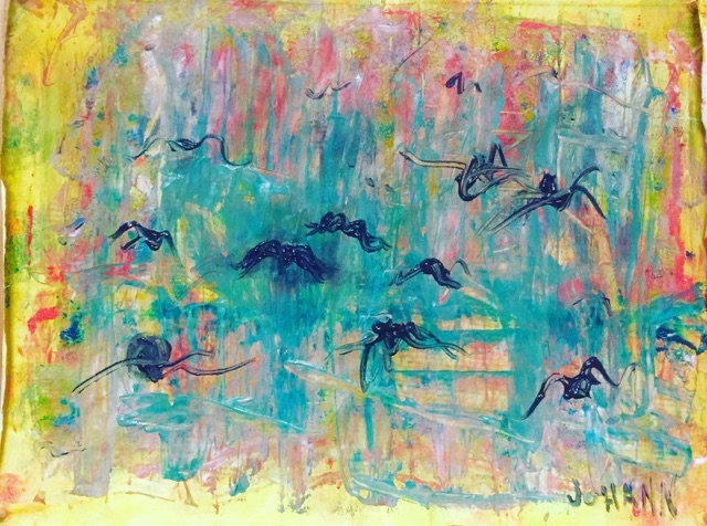 Pastel artwork with small dark bird-like line figures and layered vertical strokes.