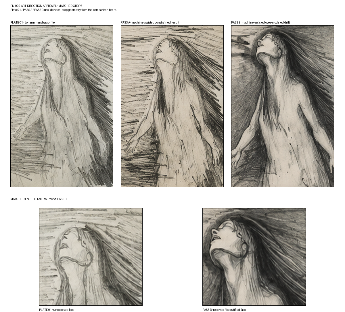 Matched comparison sheet: Johann's Plate 01 graphite source, a constrained machine-generated result, an over-modeled generated drift result, and matched source versus drift face details.
