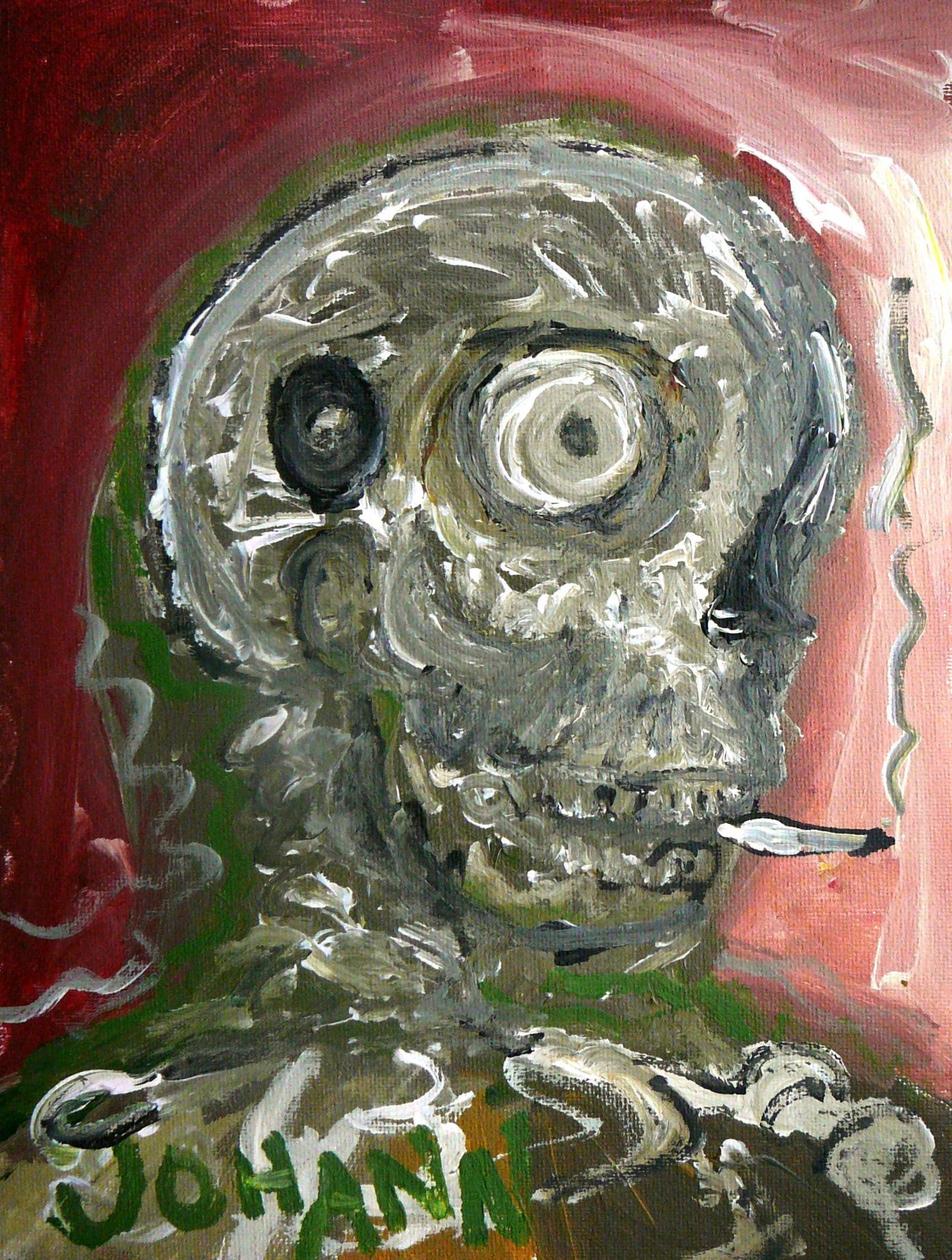 Original painting by Johann: a skull-like figure with a single round eye against a red field.