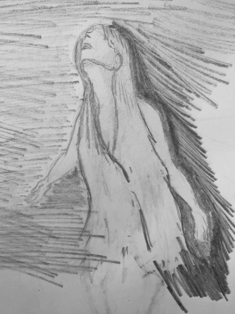 Johann's hand-drawn graphite source: a pale elongated figure with head tilted upward, hanging arms, unresolved face, and a dark directional field radiating behind the head and shoulder.